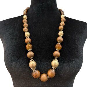 Vintage Wood & Tiger Eye Beaded Necklace With Gold-Toned Accents & Clasp